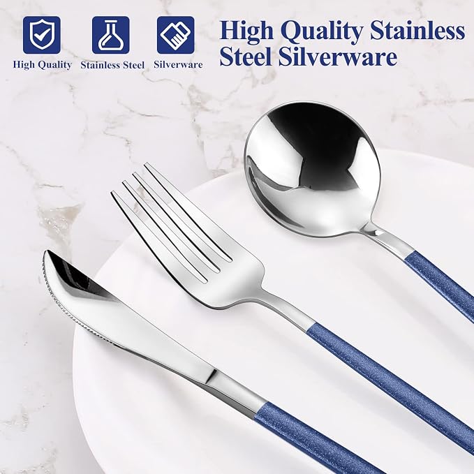 VANVRO Mirror Silver Blue Silverware Set, 20-Piece Stainless Steel Flatware Set, Satin Finish tableware Cutlery Set, Service for 4, Home and Restaurant, Dishwasher Safe