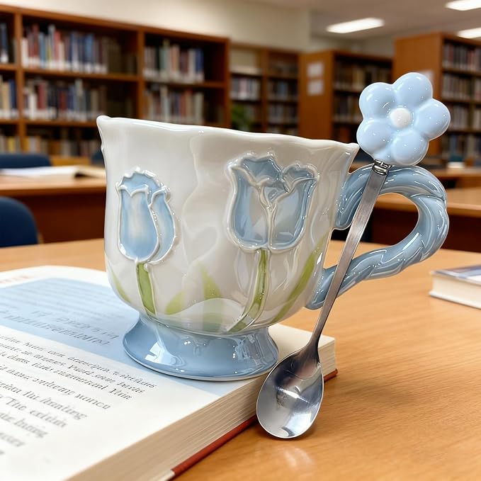DTIUYIOP-Ceramic Coffee Mug 14oz/410ml Blue Cute Flower with Spoon | a funky coffee mug, Novelty Cute Ceramic,Lead-Free Gloss Glazed,DrinkingCup, Ideal Gift for Birthday Holiday