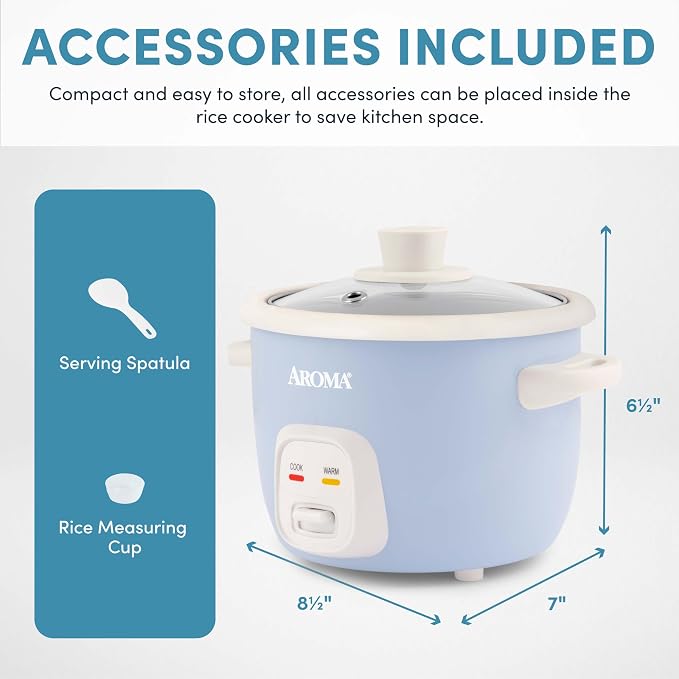 AROMA® Mini Rice Cooker, 2-Cup (Uncooked) / 4-Cup (Cooked), Grain Cooker, Soup Maker, Oatmeal Cooker, Auto Keep Warm, 1 Qt, Blue, ARC-302NGBL