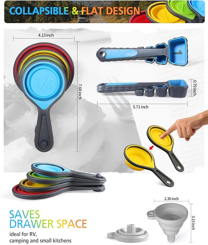 Measuring Cup and Spoon Set, Collapsible Measuring Cup, 8 Piece Measuring Tools and 1 Funnel, Engraved Metric/US Markings, for Liquid and Dry Measurements, Space Saving, BPA Free Silicone, Colorful