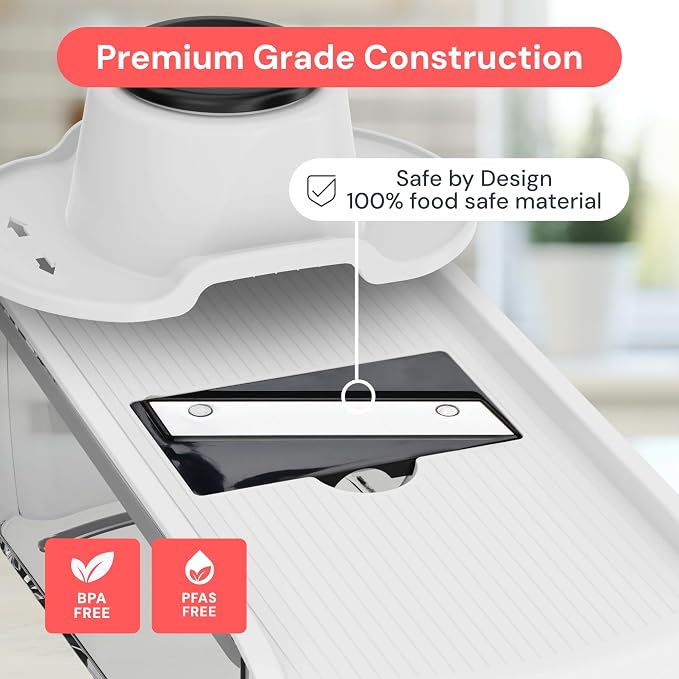 Fullstar Pro Mandoline Vegetable Slicer, Grater & Spiralizer with Container | 9 in 1 Fruit Cutter, Cheese Grater & Spiralizer with Safety Gloves, Stainless Steel Blades & Container (White)