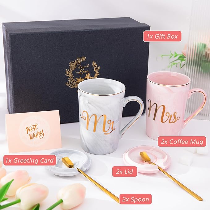 Biching Wedding Gifts for Couples 2026, Bridal Shower Engagement Gift | Gifts for Anniversary Bride and Groom, 14oz Ceramic Mr and Mrs Mug Set with Real Gold Foil, Greeting Card, Gift Box