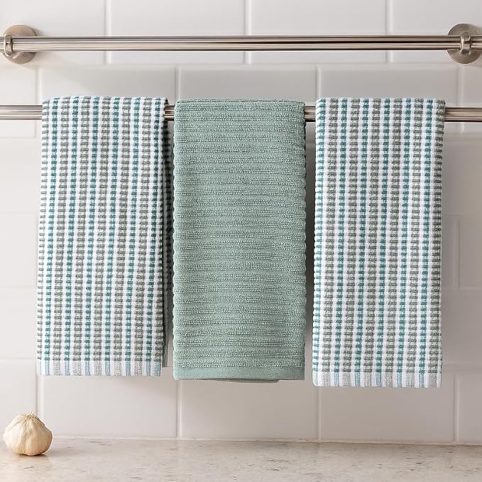 Sage Green Kitchen Dish Towels- Set of 3 100% Cotton Soft Cleaning Drying Absorbent Textured Terry Loop- Oversized 28" x 18" Multipurpose Towels for Everyday Use
