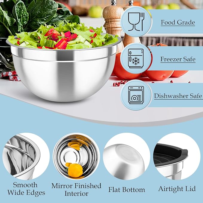 TeamFar Mixing Bowls, Stainless Steel Nesting Salad Bowls Set | Mixing Bowls with Lids & 3 Grater Attachments, For Mixing/Serving/Storing, Non-toxic & Long-lasting, 4.6/3/1.5 QT, Black