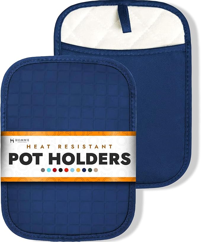 HOMWE Silicone Kitchen Pot Holders with Pockets, 2 Pc Set Trivets, Steam and Heat Resistant Hand and Countertop Protection Hot Pads, Non-Slip Grip, Terrycloth Interior Lining, Navy Blue