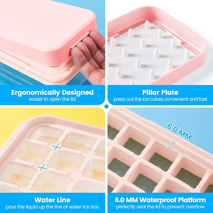 Ice Cube Tray with Lid and Bin, Easy Release 28 Cubes for Freezer | Food-grade BPA-free PP and ABS. Ice cubes for fruit, cocktails, iced coffee. Space-saving stackable with scoop