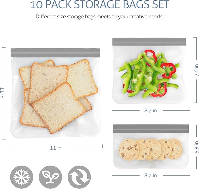 10 Pack Reusable Gallon Freezer Bags, Grey | Dishwasher Safe Silicone Food Snack Storage Bags with 3 Sizes for Snack, Sandwich, Lunch