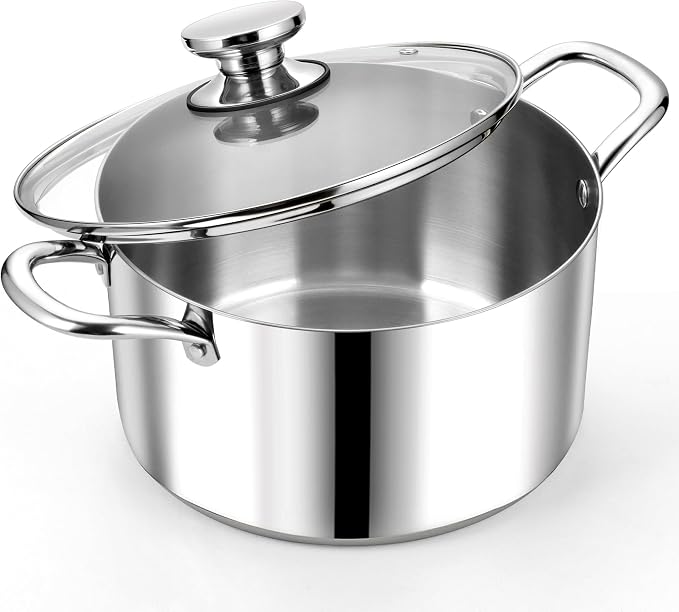 P&P CHEF 8 Quart Tri-Ply Stainless Steel Stock Pot, Cooking Pot with Lid | 8 Qt Stockpot for Soup Pasta Vegetable, Induction Cookware for All Stoves, Sturdy & Double Handle, Oven & Dishwasher Safe