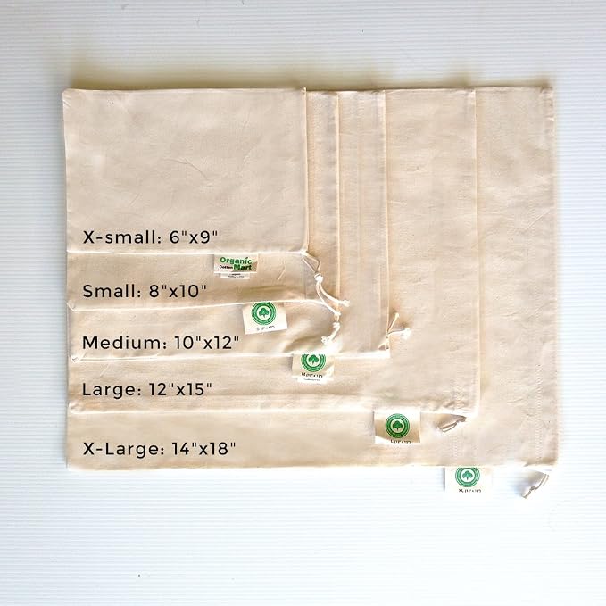 Reusable Produce Bags Cotton Washable - Organic Cotton Vegetable Bags - Cloth Bag with Drawstring - Muslin Fabric Produce Bags - Bread Bag - Set of 6 (2 Large, 2 Medium, 2 Small)