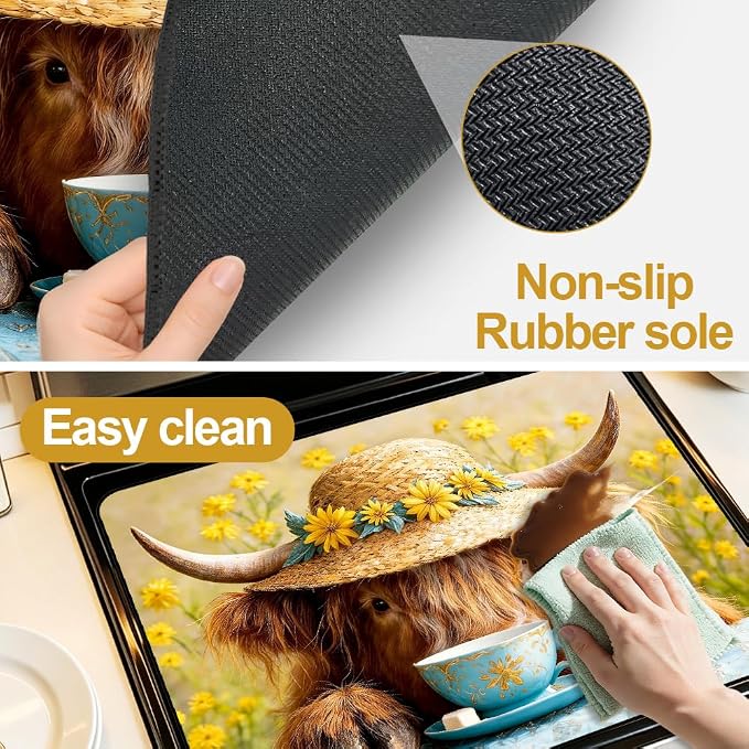 Highland Cow Stove Top Cover 28x20 Inch Farmhouse Electric Stove Cover | Heat Resistant Cooktop Protector Mat with Non-Slip Backing, Scratch Protection and Countertop Drying Mat.