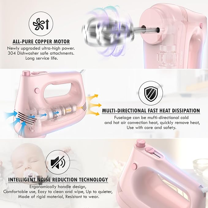 GUALIU Electric Hand Mixer, 304*(2* Beaters, 2* Dough Hooks), (1* Storage Bag) Handheld Mixer for Baking Cakes, Eggs, Cream Food Mixers, Turbo Boost /5 Speed Kitchen Blender PINK