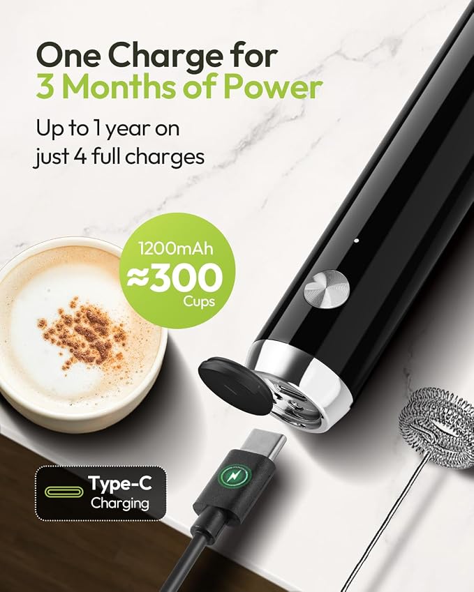Maestri House LunaFro Rechargeable Milk Frother,Stand & 2 Detachable Whisks | 8000RPM Turbo Motor, 1200mAh lithium battery, Handheld Milk Frother for Lattes, Cappuccino, Matcha & Powdered Supplements