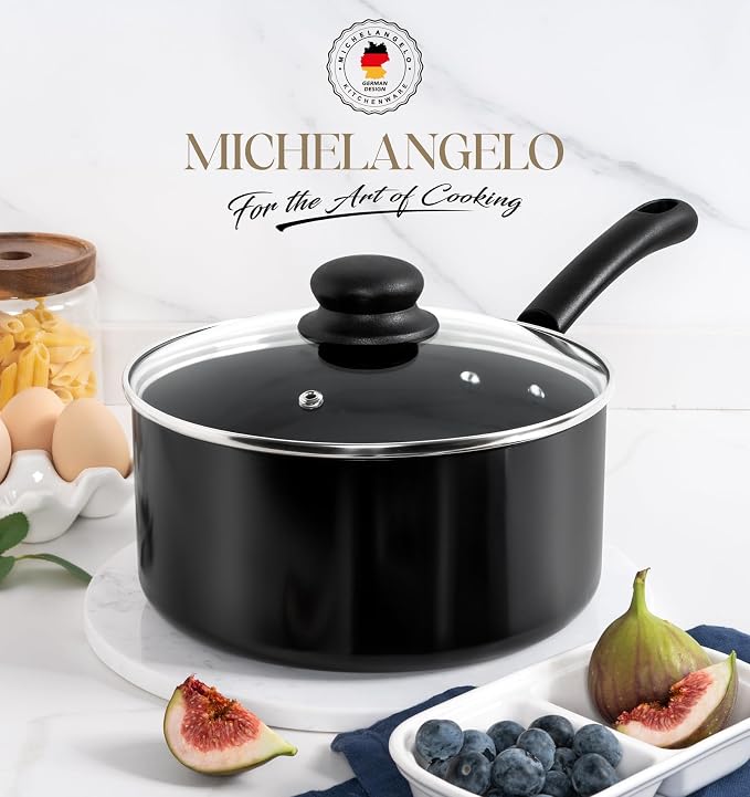 MICHELANGELO Nonstick Saucepan with Lid, Ceramic Sauce Pan Sets, Easy to Clean Sauce Pans, Multi-Purpose Cooking Pots, 3QT, Black
