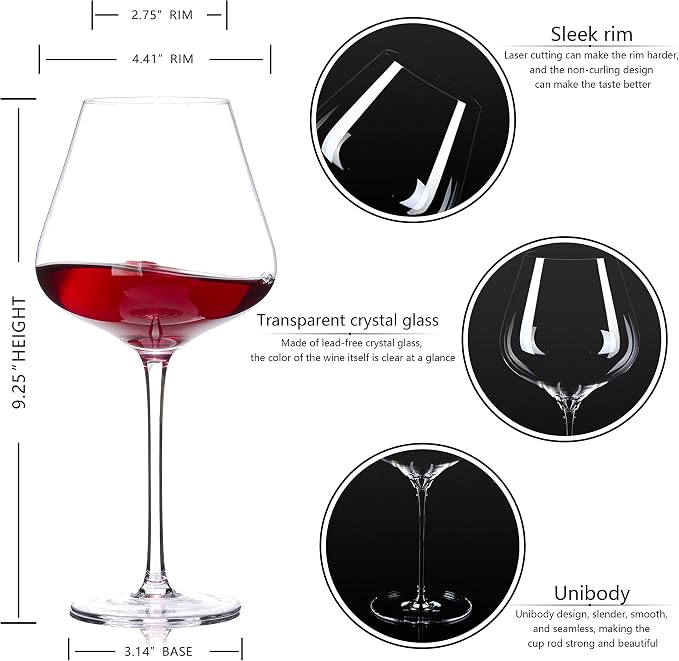 BACLIFE Hand Blown Red Wine Glasses Set of 4 – 23 oz Burgundy Wine Glasses With Long Stem – Large Premium Crystal Wine Glass – Unique Gift for Wedding, Anniversary, Father’s Day – Clear