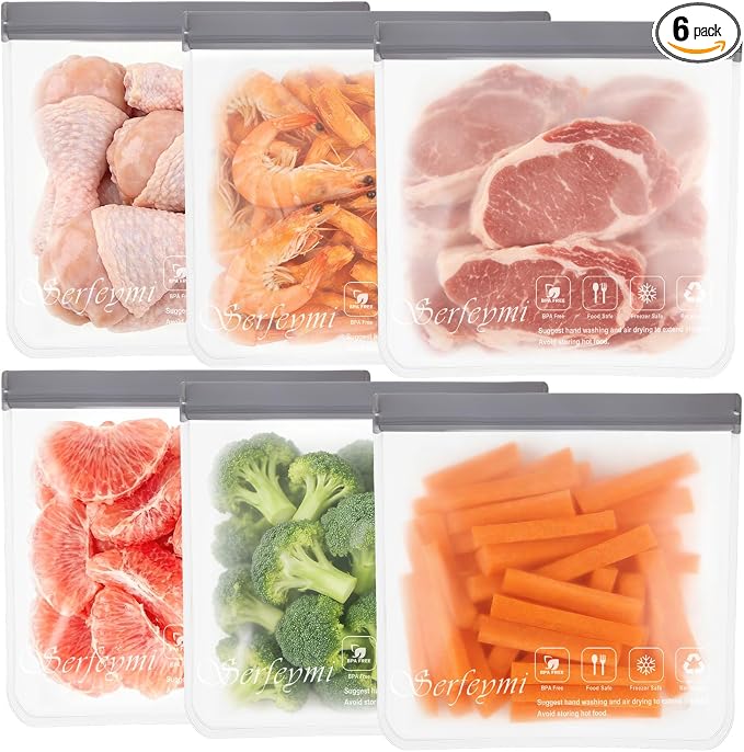 Serfeymi 6 Pack Reusable Gallon Freezer Bags Dishwasher Safe, Extra Thick Large Food Storage Bags BPA Free, Leak Proof Reusable Plastic Bags for Home Organization, Marinate Meat, Salad Fruit Vegetable