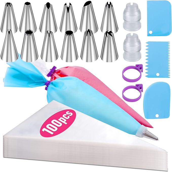 Piping Bags and Tips Set, 100Pcs 12 Inch Pastry Bags, Icing Bags Disposable | Cakes Decorating Kit Supplies with 1 Reusable Piping Bags 1 Couplers 12 Frosting Tips 2 Bag Ties 3 Cake Scraper