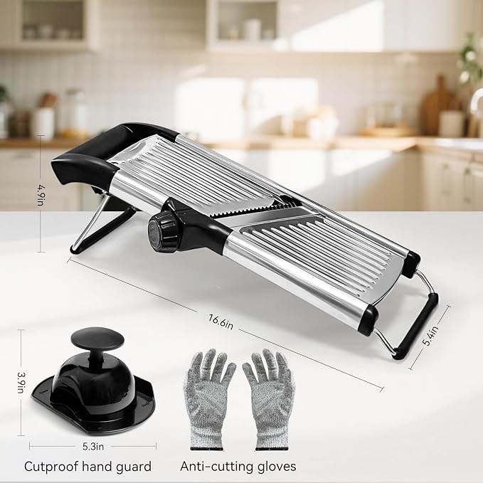 Mandoline Slicer, Adjustable Stainless Steel Slicer, Food Holder and Gloves | Adjustable stainless steel blade slices potato, onion and tomato with food holder and safety gloves for safer daily meal prep