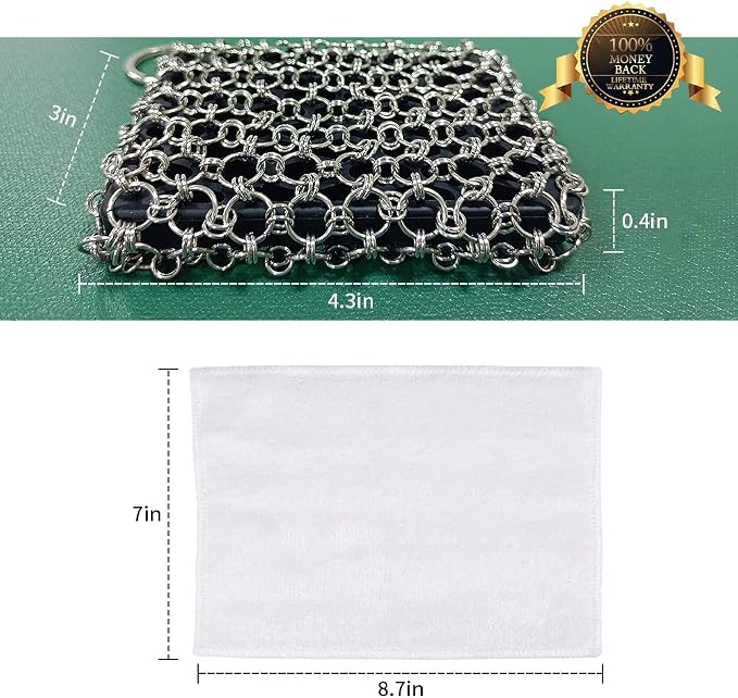 Herda 316L Cast Iron Scrubber Cleaner, Large Chainmail Cast Iron Cleaner | Honeycomb Silicone Insert,Flexible,Stainless Steel Chain Mail Metal Sponge Scrub Skillets,Oven,Flat Top,Grill Pan Pot Brush