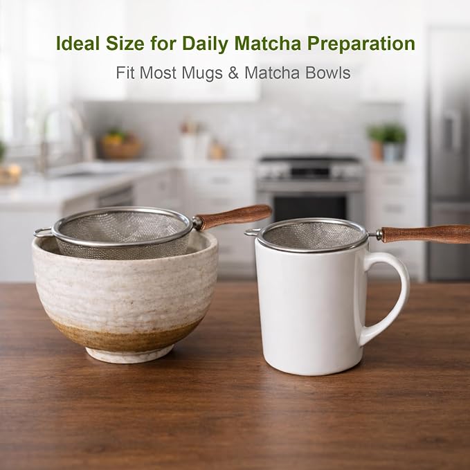 Matcha Sifter, 30-Mesh Fine Matcha Strainer with Natural Wood Handle, 3-Inch Stainless Steel Small Sieve for Matcha Tea, Chawan and Daily Latte