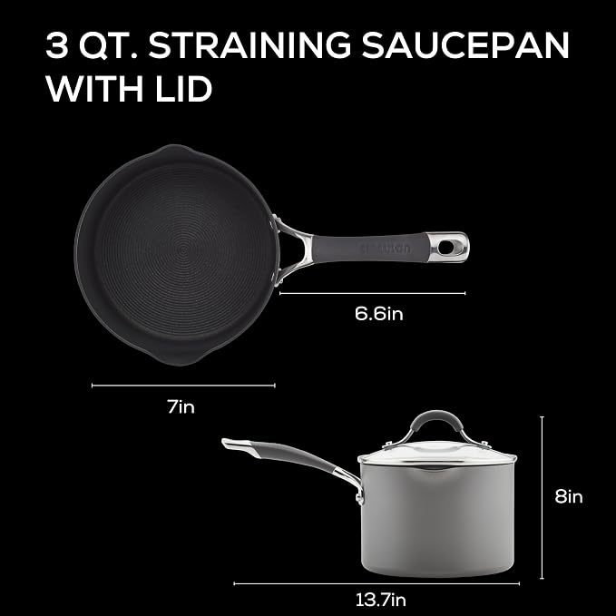 Circulon Radiance Hard-Anodized Nonstick Saucepan with Lid, 3-Quart | Straining lid for easy draining, durable hard-anodized nonstick construction for everyday cooking, in Gray