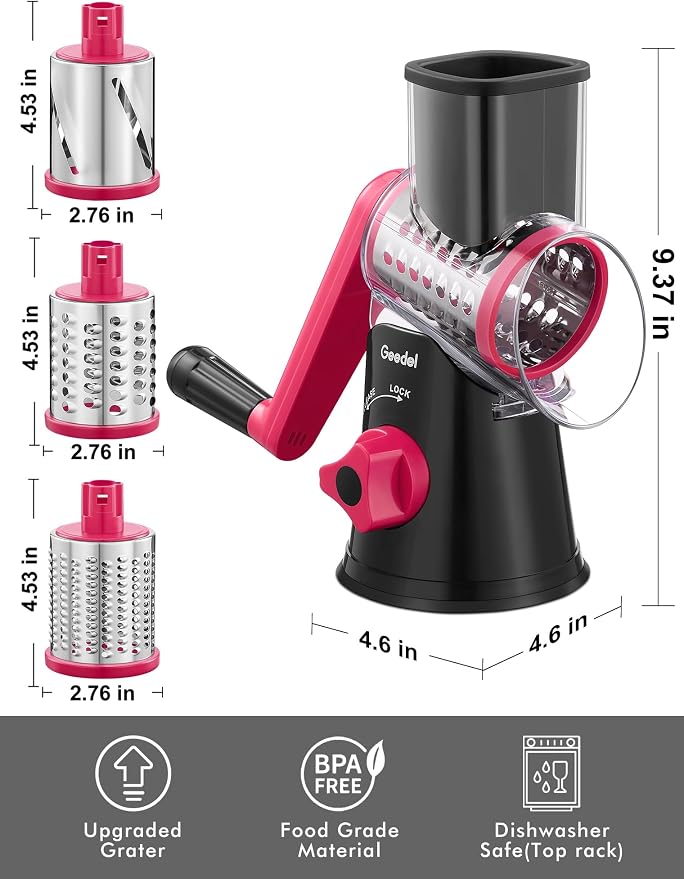 Geedel Rotary Cheese Grater Hand Crank, Cheese Shredder Vegetable Slicer | 3 Blades, 430 Stainless Steel, 12x Fast Cutting, Strong Suction Base, No BPA, Dishwasher Safe, for Cheese, Veggie, Nut