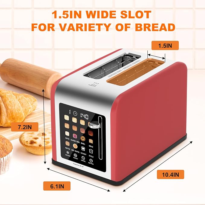 2 Slice Toaster Touch Screen, Stainless Steel Toasters Digital Timer 2 Slot Toasters, 8 Shade Settings 6 Bread Types for Bagel, Cancel, Defrost (Black)
