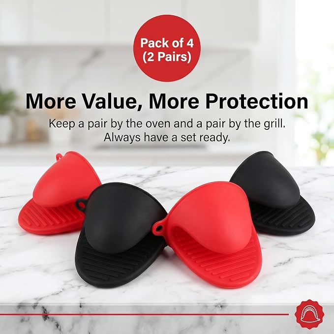 Silicone Cooking Pinch Grips Oven Mitts - Mini Finger Protector Pot Holder for Kitchen,Cooking,Baking,BBQ - Heat Resistant Gloves, 2 Pairs (Black and Red)