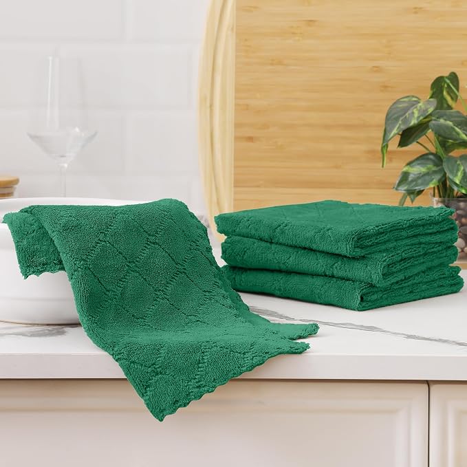 Homaxy 12 Pack Super Soft Absorbent Dish Cloths, 13" x 19", Dark Green | Coral Velvet, Nonstick Oil Fast Drying Microfiber Cleaning Cloth, No Lint Dishcloths for washing and drying