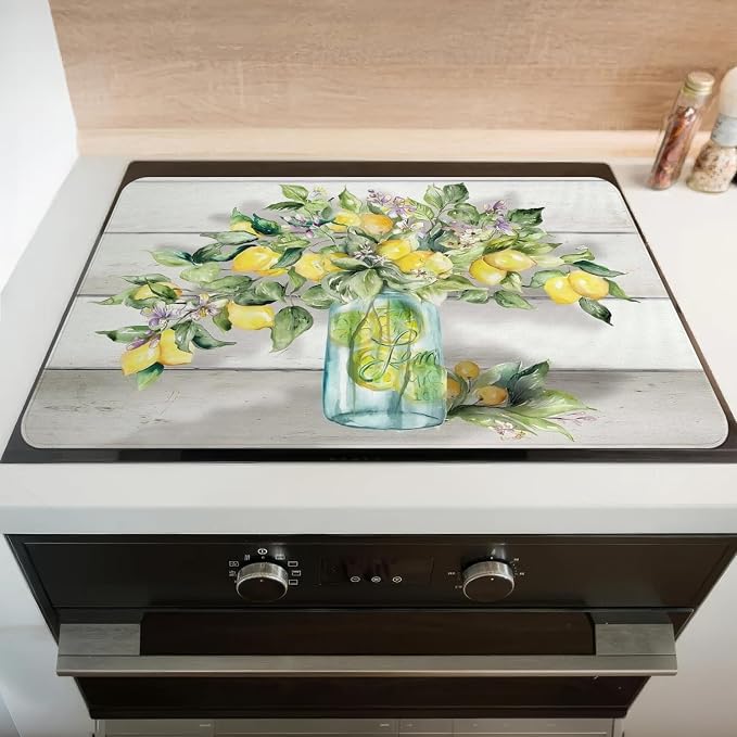 Lemon Stove Top Cover for Electric Stoves,Spring Summer Colorful Farmhouse Stove Top Cover for Kitchen Decor,Heat Resistant Cooktop Protector Mat,Non-Slip Washable Dish Drying Mat 28"x20"