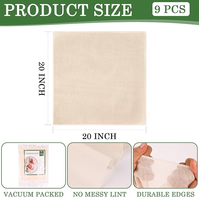 WMKGG 9 PCS Cheese Cloths, Grade 100, 20x20 Inch Cotton Cheesecloth with Hemmed 4 Edges, Reusable Unbleached Fine Mesh Cheesecloth for Straining, Cooking, Juicing, Cheese Making, Baking, Yogurt