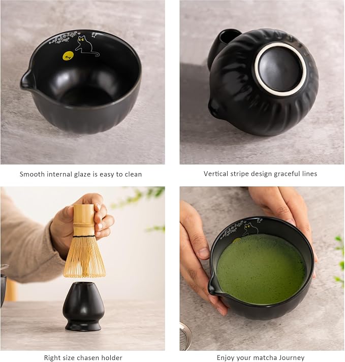 TANG PIN Premium Matcha Set - Japanese Traditional Matcha Making Kit | Matcha Bowl (Chawan), Bamboo Whisk (Chasen) & Holder - Complete Matcha Maker Starter Tools for Matcha Tea & Latt (Cat)
