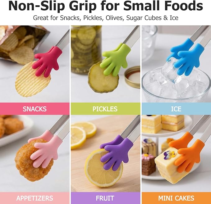 SHINDEL Mini Tongs, 8 PCS Silicone Hand Shape Food Tongs, 5 Inch | Colourful Small Tongs for Toolfor Candy, Snacks, Chips, Cookies, Appetizers, Fruit, Ice Cubes, Party, Buffet & Dessert Table