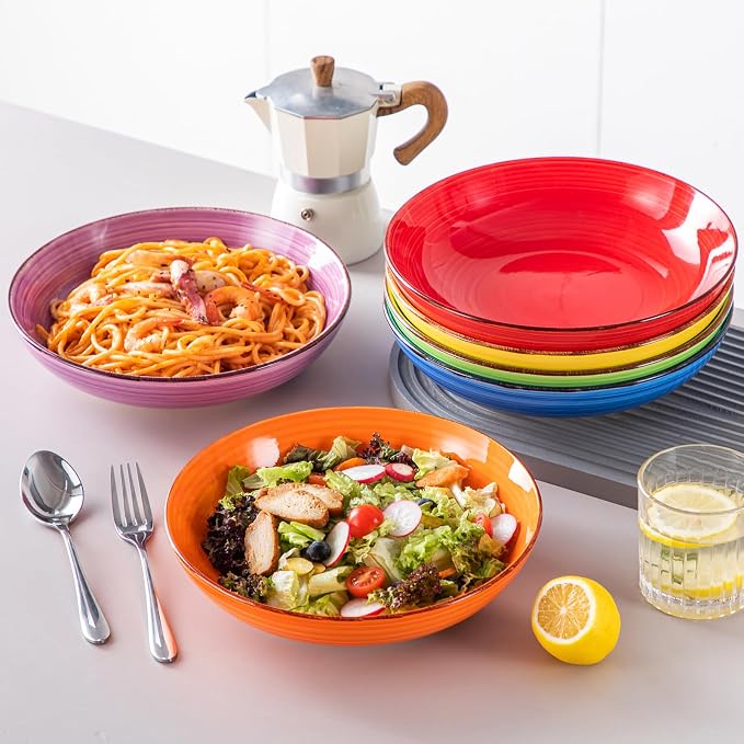 vancasso Bonita Pasta Bowls Set of 6, 50oz Large Salad Bowls for Kitchen, Corlorful Stoneware Serving Bowls Dishwasher & Microwave Safe