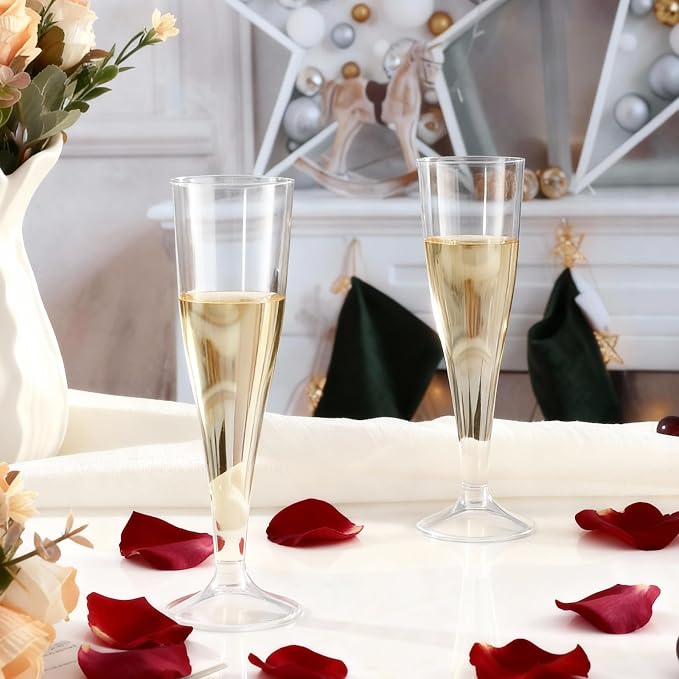 Bestluck 100Pack 4.5oz Clear Champagne Flutes Plastic | Plastic Disposable Stemware, Disposable Champagne Flutes for Party, Mimosa Bar, Wedding, Anniversary and Graduation