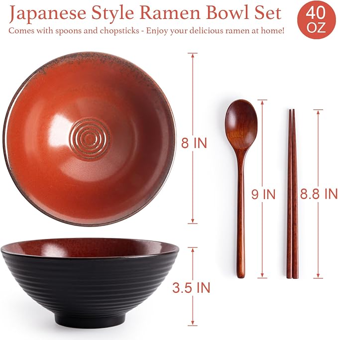 Ceramic Japanese Ramen Bowl Set, 2 Sets Asian Pho Udon Soup Noodle Bowls with Spoons and Chopsticks (Red, 8 inches)