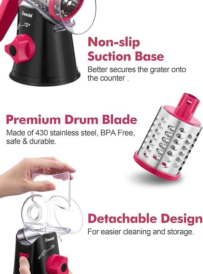 Geedel Rotary Cheese Grater Hand Crank, Cheese Shredder Vegetable Slicer | 3 Blades, 430 Stainless Steel, 12x Fast Cutting, Strong Suction Base, No BPA, Dishwasher Safe, for Cheese, Veggie, Nut