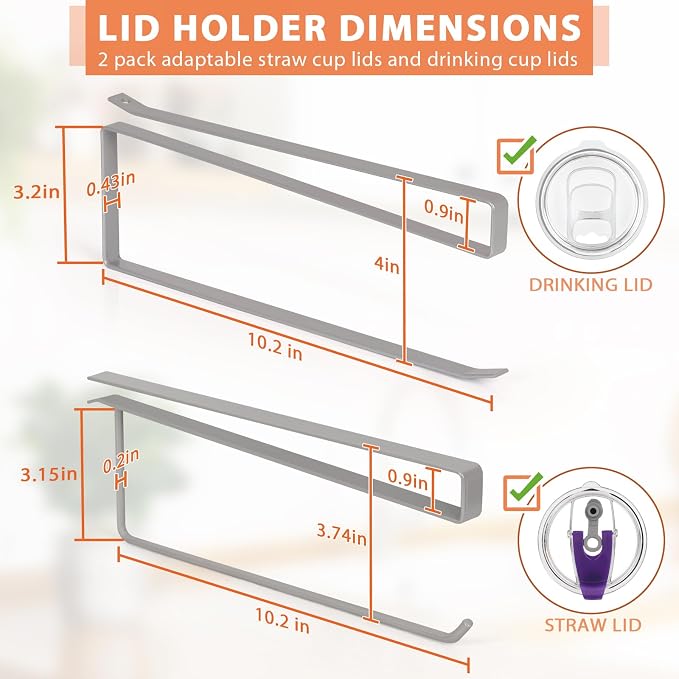 2 Pack Tumbler Lid Organizer, Versatile Storage Holds 20 Lids, Round&Flat | Space Saving Cup Lid Organizers Inside Cabinet Tumbler Lid Hook for Pantry Kitchen Organizer, Paper Towel Rack Hanger, Grey