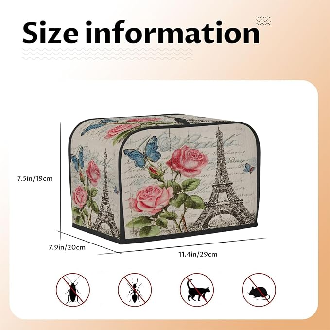 2 Slice Toaster Cover Vintage Paris Rose Toaster Covers Two Slice Wide Slot Waterproof and Dustproof Covers for Wide Slot Toasters and Small Appliances Kitchen Decor Gifts