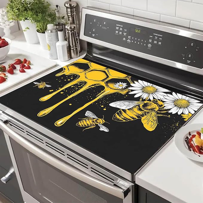 HOMETITUTE Honey Bee Stove Top Cover 28x20 Honeycomb Daisy Diatomite Mat