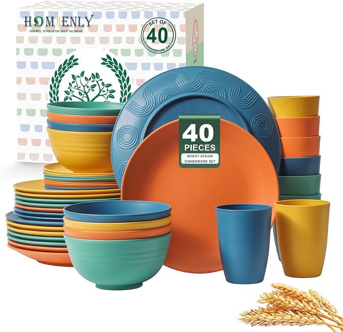 40-Piece Premium Wheat Straw Dinnerware Sets, Service for 8, Unbreakable Plates and Bowls Set - Cups Sets, Dinner Plates, Bowls for Kitchen,Dishwasher and Microwave Safe Dishes Set - Multi