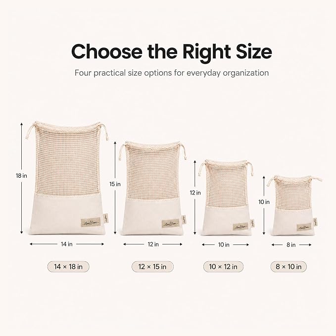 Multi-Purpose DrawString Bags - Canvas and Cotton Mesh Bags | Reusable Grocery, Laundry, Travel Organizer