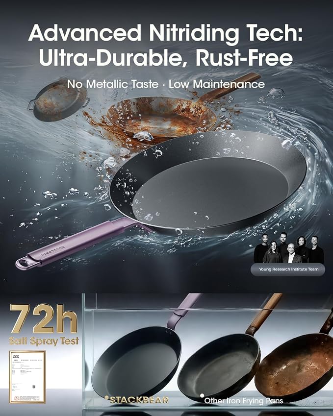 Carbon Steel Skillet 12 Inch, Nitrided Steel Frying Pan, Preseasoned Rust Resistant Large Cooking Pan with Ergonomic Handle & Removable Silicone Grip, Induction & Oven Safe | Natural Patina Development with No Chemical Coating; Spacious Cooking Surface...