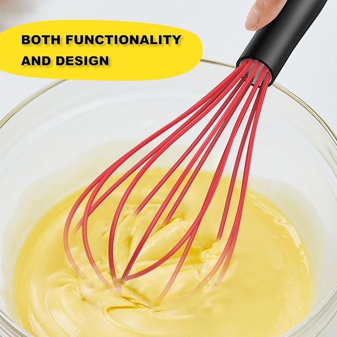 NileHome Silicone Whisk Set 8" 10" 12", 3 Pack Kitchen Whisk Kitchen Wisk Wire Whisks for Cooking, Whisking, Blending, Beating, Stirring-Red
