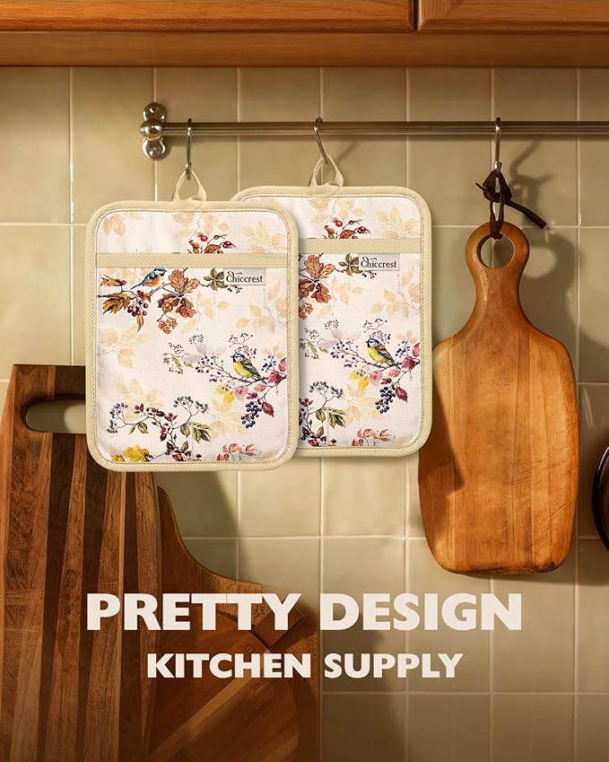 100% Thick Cotton Pot Holders Ribbed Soft Silicone Natural Bird | Stylish Pot Holders with Pockets, Ribbed Soft Silicone, Machine Washable Non-Slip Heat Resistant Hot Pads 2pcs, Kitchen Gift