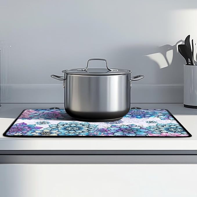Bohemian Lotus Flower Print Stove Top Covers for Electric Stove Heat Resistant Silicone Cooktop Cover Anti-Slip Stovetop Protector Coffee Machine Mat for Kitchen, 29.18 x 20.96 inch