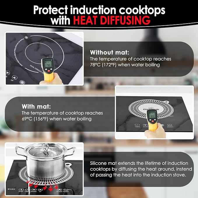 Cook's Aid 2 PCS Silicone Induction Cooktop Protector Cover Mat 7.9" (Magnetic) | 230°C (450℉) Heat-Resistant Induction Stove Protector | Multifunctional Silicone Mats (Logo CK)