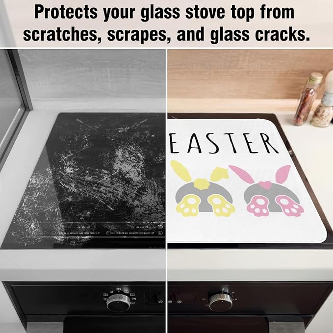 Happy Easter Glass Stove Top Covers for Electric Stove,Bunnies Colorful Rabbits Cute Heat Resistant Cooktop Protector Non-Slip Washable Dish Drying Mat Rug Pad for Kitchen Decor 28"x20"