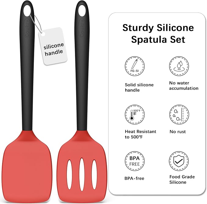 Coukre 2 Pack Silicone Spatula Set,High Heat Resistant, BPA-Free | Dishwasher Safe Kitchen Spatula for Nonstick Pans, Solid & Slotted Turners for Cooking, Sautéing, and Flipping, RedBlack
