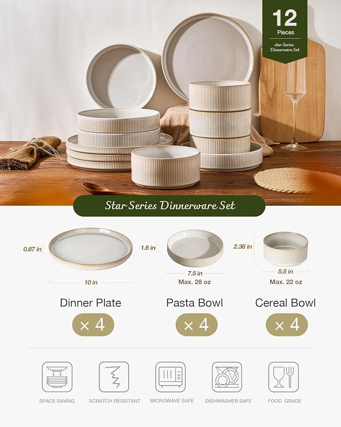 Famiware Star Stoneware Dinnerware Set, 12pc Dishes for 4, Cappuccino White | Dinner Plates, Pasta Bowls, Cereal Bowls, Dishes, Everyday & Party Use, Chip & Scratch Resistant, Microwave & Dishwasher Safe
