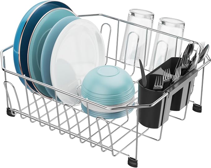 Small in Sink Dish Drying Rack - Stainless Steel for RV Kitchen | Compact Design, Rust-Resistant, Angled Corners Fit Square & Round Sinks, Removable Utensil Holder, Cup Hooks, 13.1"W x 14.4"L